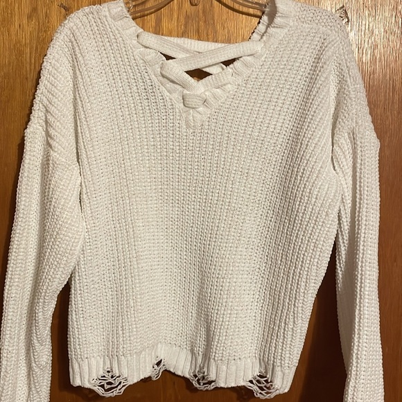 •DEREK HEART•NWOT WHITE DISTRESSED HEM KNIT V NECK CHUNKY SWEATER SIZE XL - Picture 6 of 8